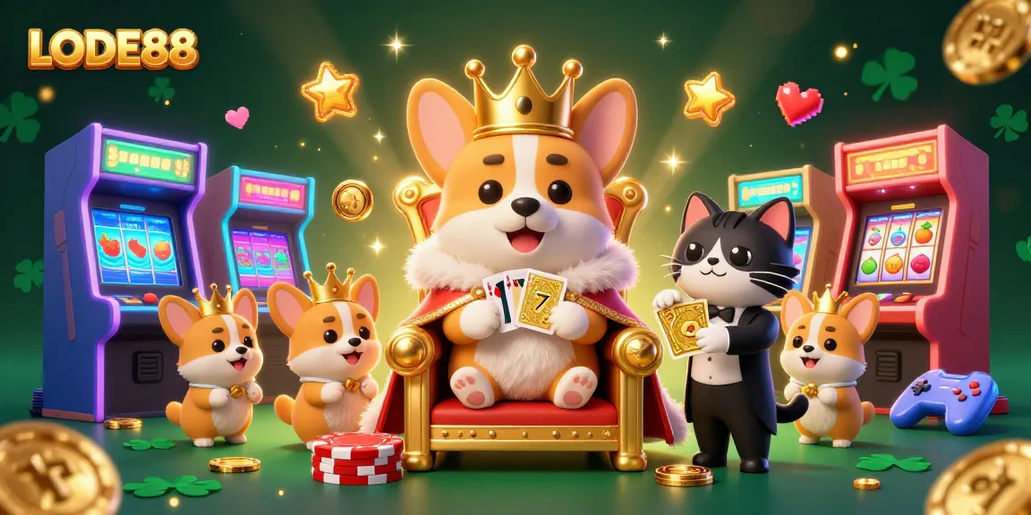 Join the fun at LODE88 with a royal corgi on a throne of poker chips amidst vibrant casino elements.