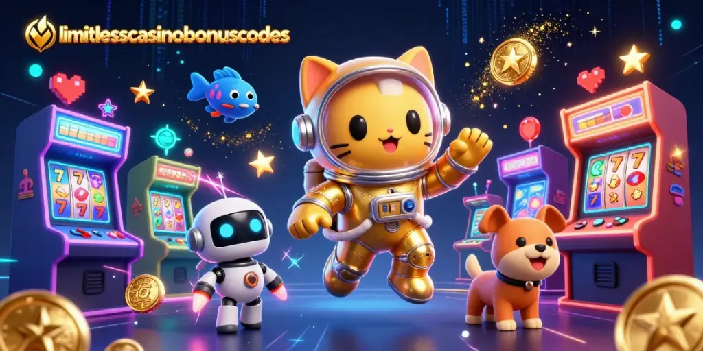 Experience the excitement of limitlesscasinobonuscodes with vibrant slot action from an astronaut cat and robot dog.