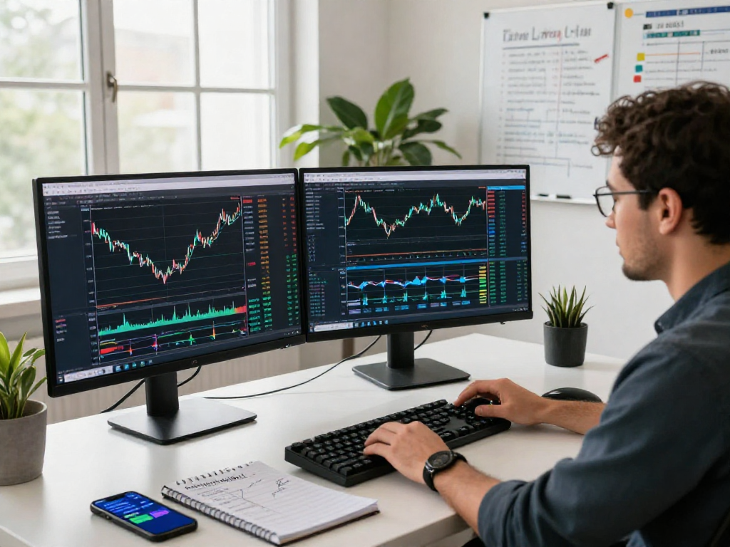 Trader using TradingView in a modern workspace, showcasing advanced charts and market data.