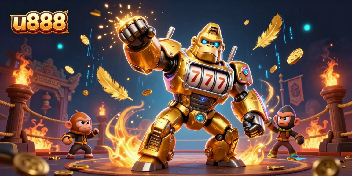Experience thrilling casino action with u888's dynamic gorilla mech smashing through gold coins in 3D.