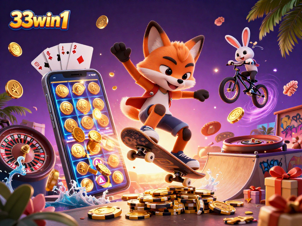 33win1 showcases dynamic 3D casino characters performing tricks over poker chips and gaming elements.
