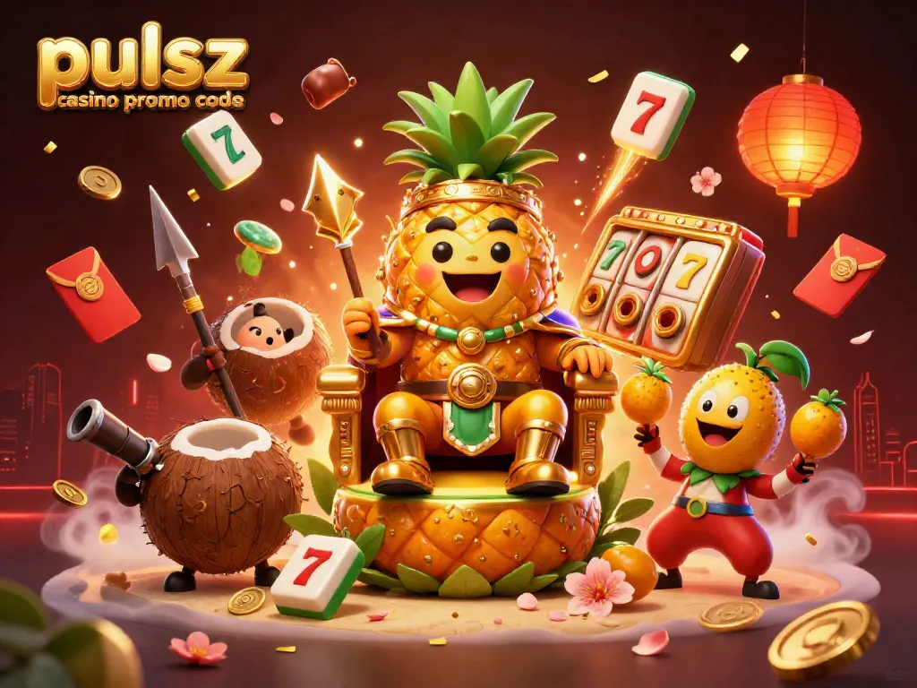 Pulsz casino promo code scene with golden pineapple king, dynamic slot reels, and vibrant characters.