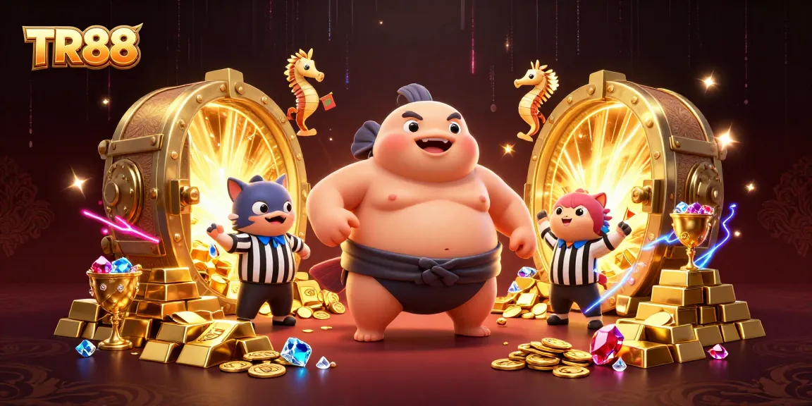 Engage with TR88's vibrant online casino scene, featuring dynamic gambling elements and cartoonish excitement.