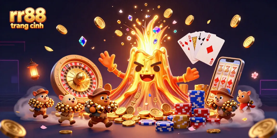 Spin to win at rr88 trang chính with the golden volcano erupting coins and treasure for players!
