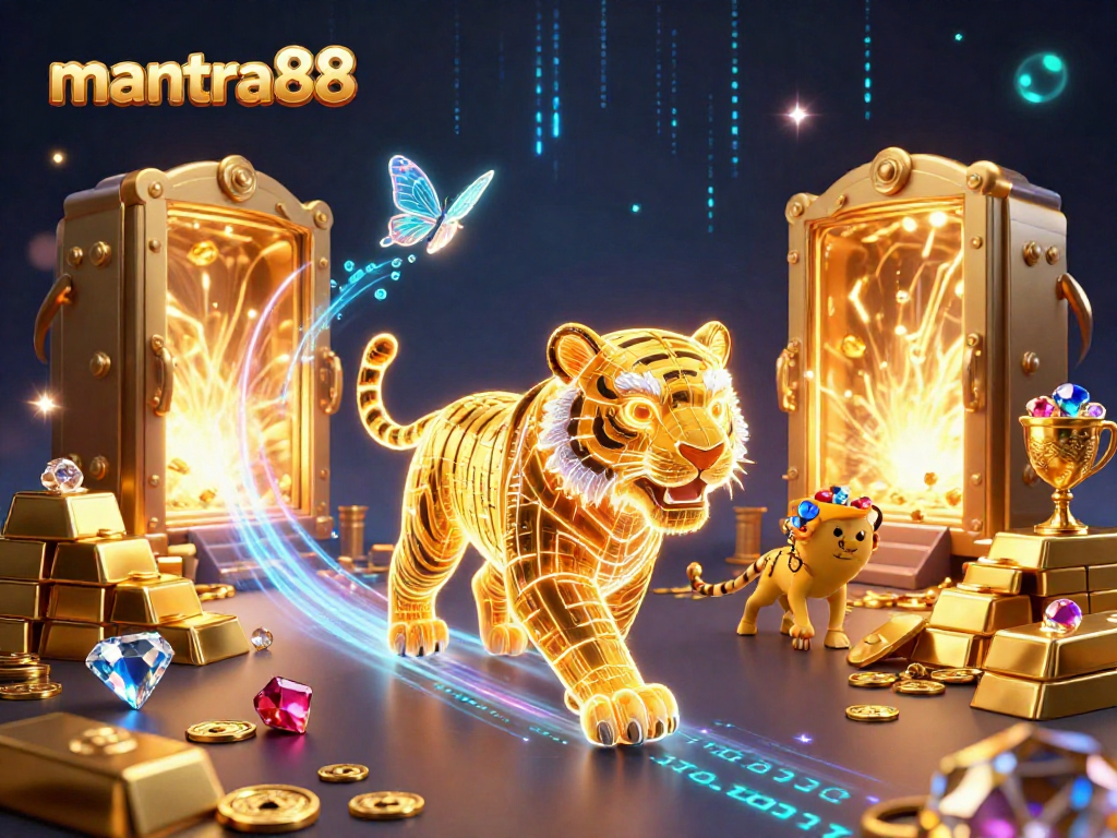 Engage with mantra88's thrilling casino experience, featuring a neon golden tiger and treasures in a digital landscape.