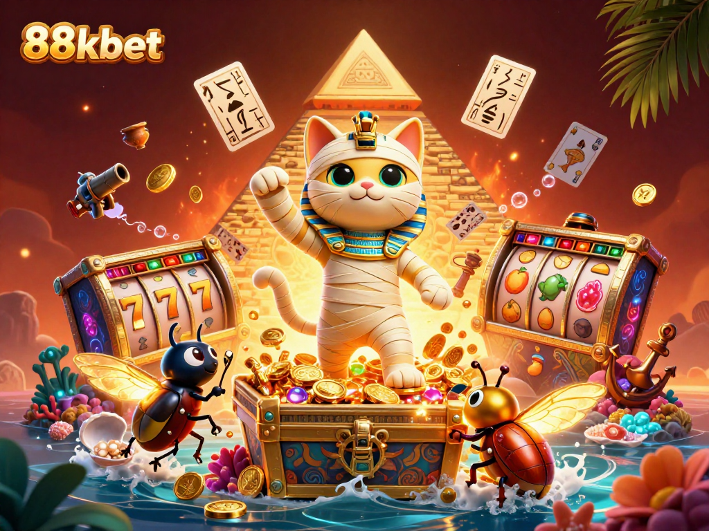 Experience thrilling slots and jackpots at 88kbet with vibrant characters and casino elements.
