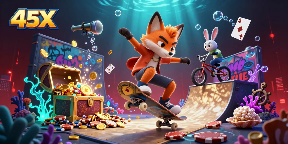 Experience 45X gaming with a dynamic illustration of a skateboarder fox and BMX rabbit in a vibrant casino scene.