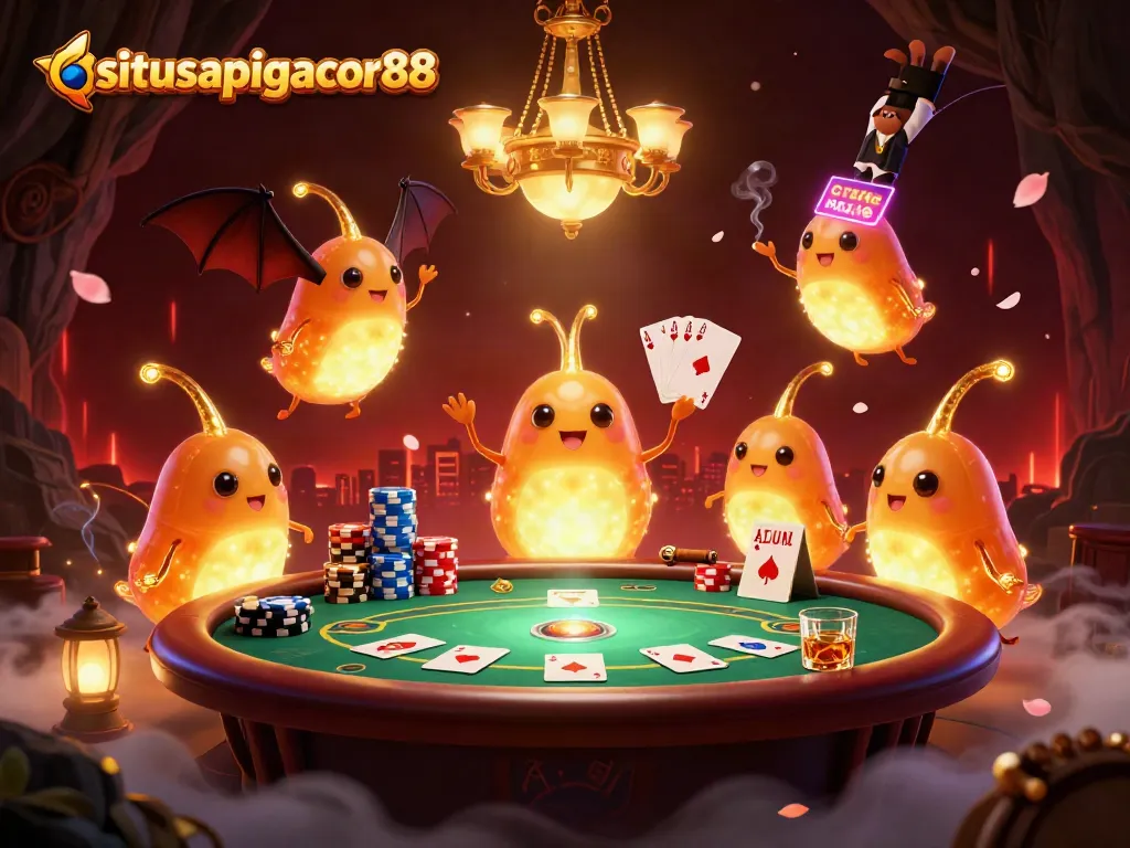 Experience situsapigacor88's thrilling cave casino illuminated by glowing characters and vibrant game elements.