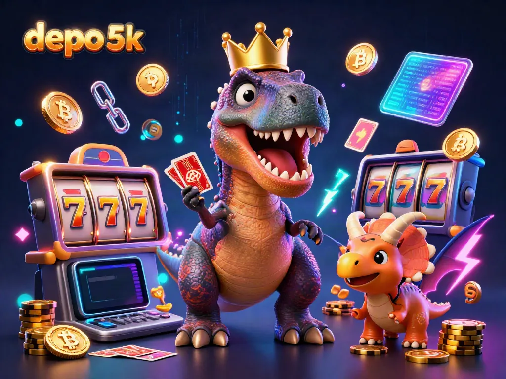 Experience the thrill of depo 5k with a colorful 3D scene featuring T-Rex and friends engaging in card games among dazzling casino elements.