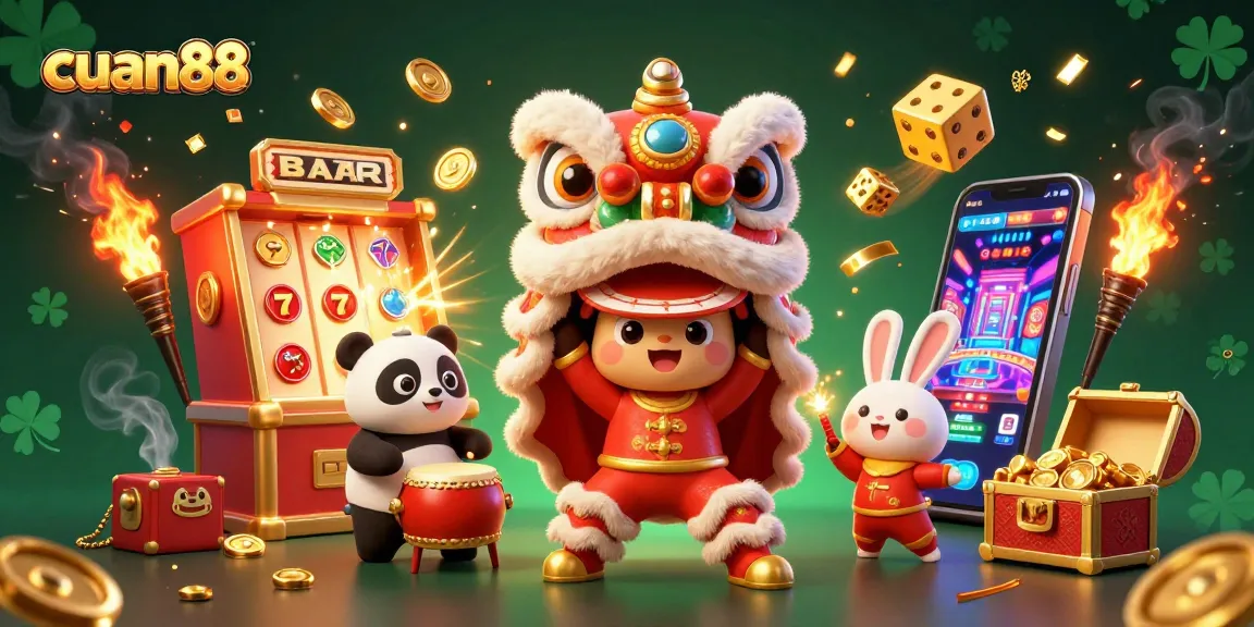 Maksimalkan pengalaman bermain cuan88 dengan ilustrasi karakter kasino yang menari dan simbol jackpot berkilauan.