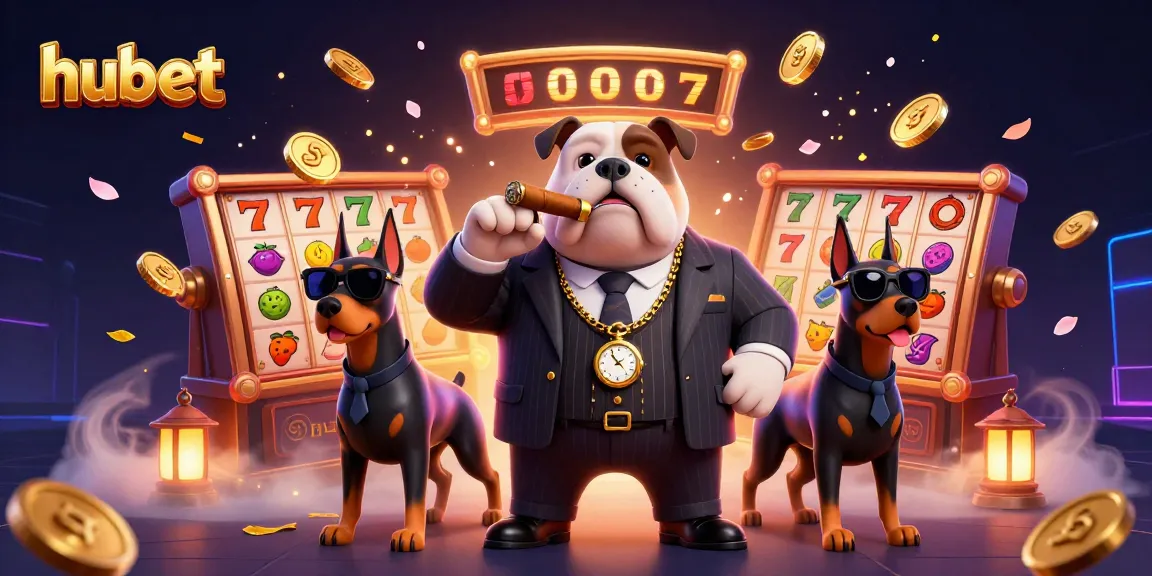 Win big at hubet with 3D mafia and Doberman characters among lively slot machines and casino elements.