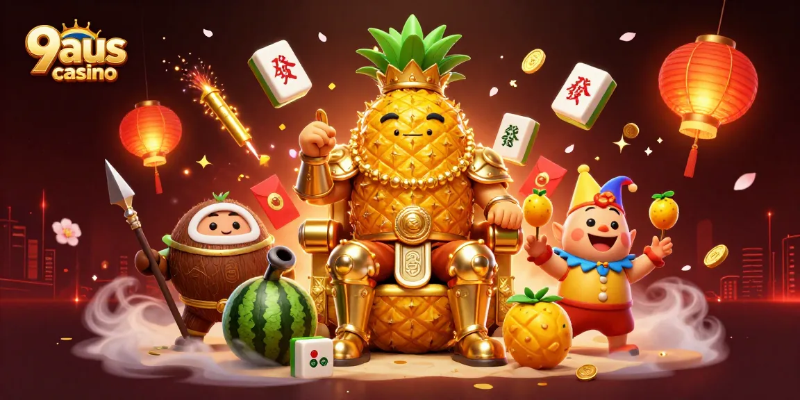 Engage with the exciting 9aus casino featuring a vibrant scene of charismatic characters and festive elements.