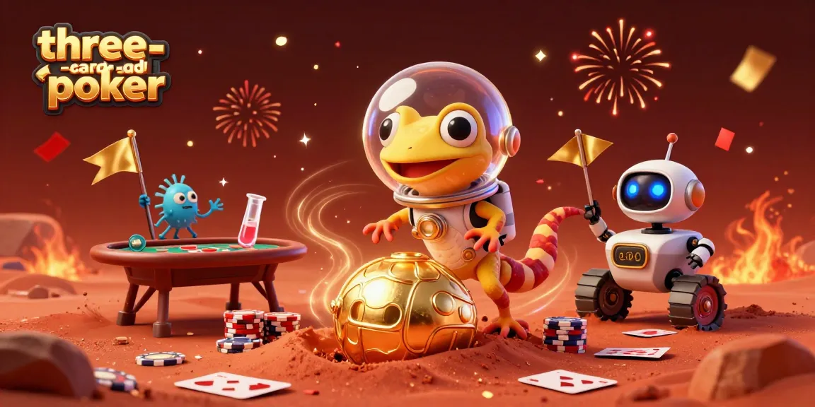 Experience three-card-poker gameplay with vibrant casino elements and cheerful characters.