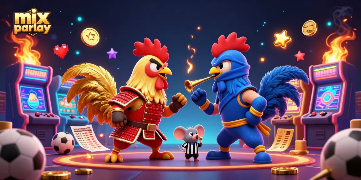 Engage in mix parlay betting while twin roosters face off in a vibrant sports-themed illustration.