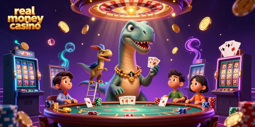 Experience the vibrant scene of a real money online casino with unique characters and dynamic game elements.