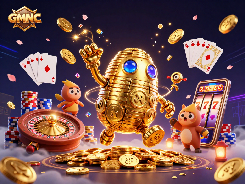 Engage with GMNC's vibrant 3D casino scene featuring a golden golem and dynamic game elements.