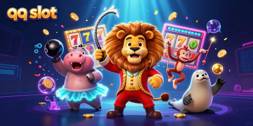 Engaging 3D scene illustrating characters like qq slot's ringmaster lion and hippo in vibrant casino settings.