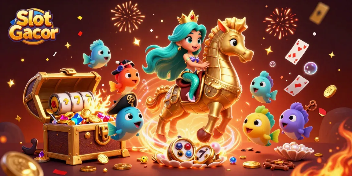 Menampilkan Slot Gacor dengan putri duyung 3D menunggangi kuda laut, dikelilingi elemen slot yang meriah.