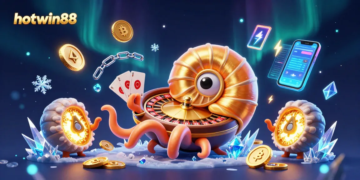 Experience the thrill of hotwin88 with a vibrant 3D illustration showcasing a nautilus roulette wheel and glowing crypto coins.
