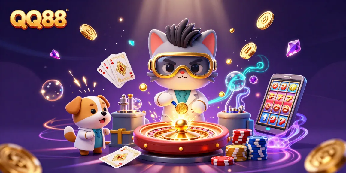 Experience immersive gaming at QQ88 with a playful scientist and dog creating winning opportunities.