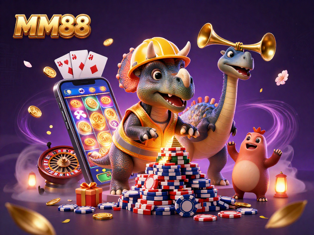 Join the excitement at MM88 with a colorful 3D casino scene featuring poker chips and a vibrant slot game.