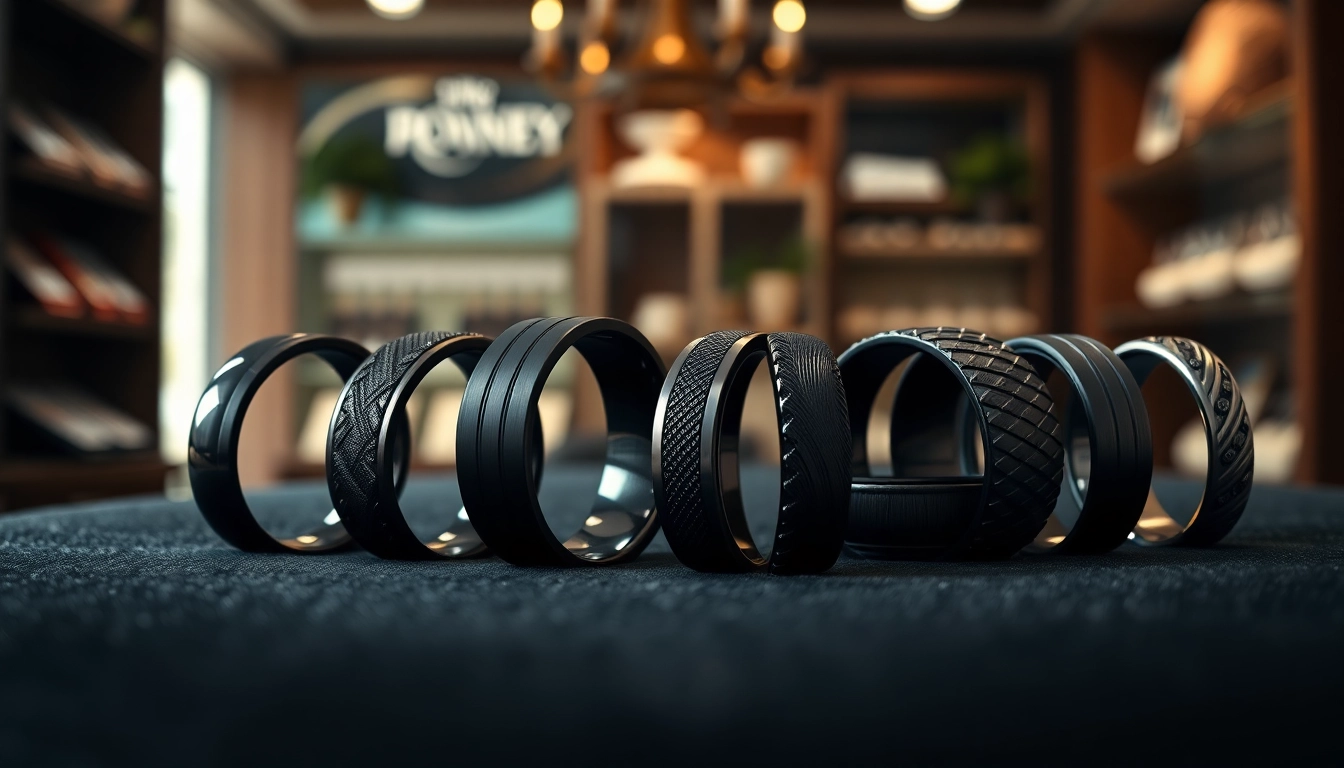 Admire solid black wedding rings for men showcased against an elegant velvet backdrop.