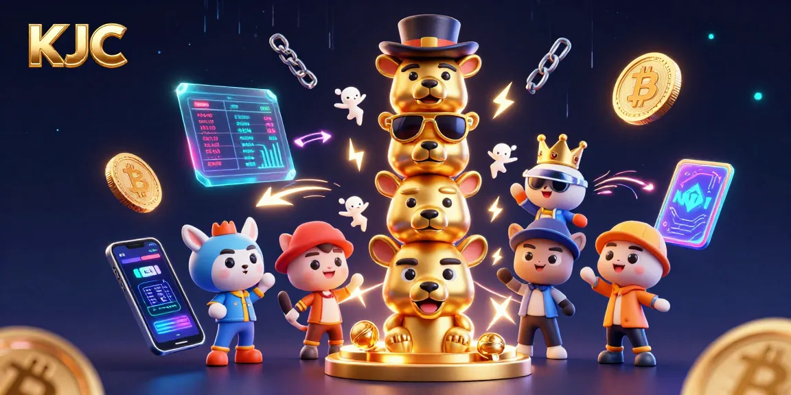 Experience the excitement of KJC with a vibrant 3D gambling illustration featuring animated totem poles and crypto elements.