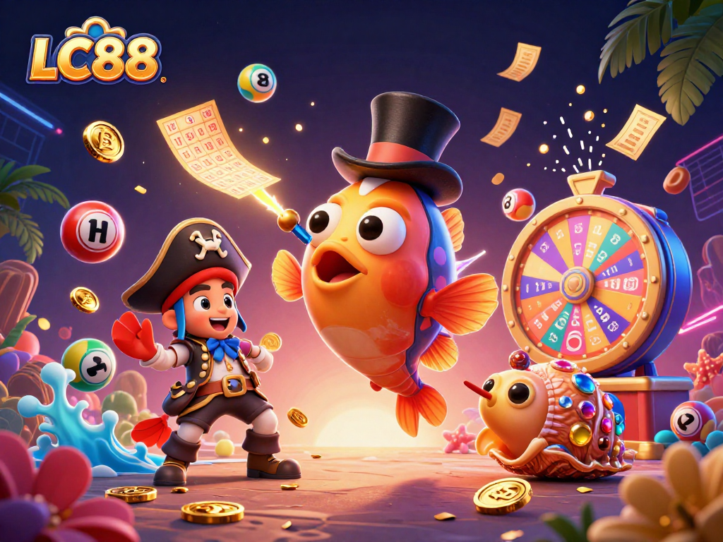 Experience the thrilling world of LC88 with vibrant lottery elements and animated characters.