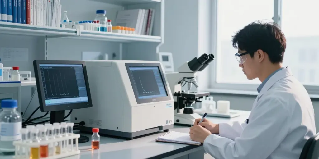Researcher in a modern lab examining HEALTHYPEPTIDES samples with advanced equipment.