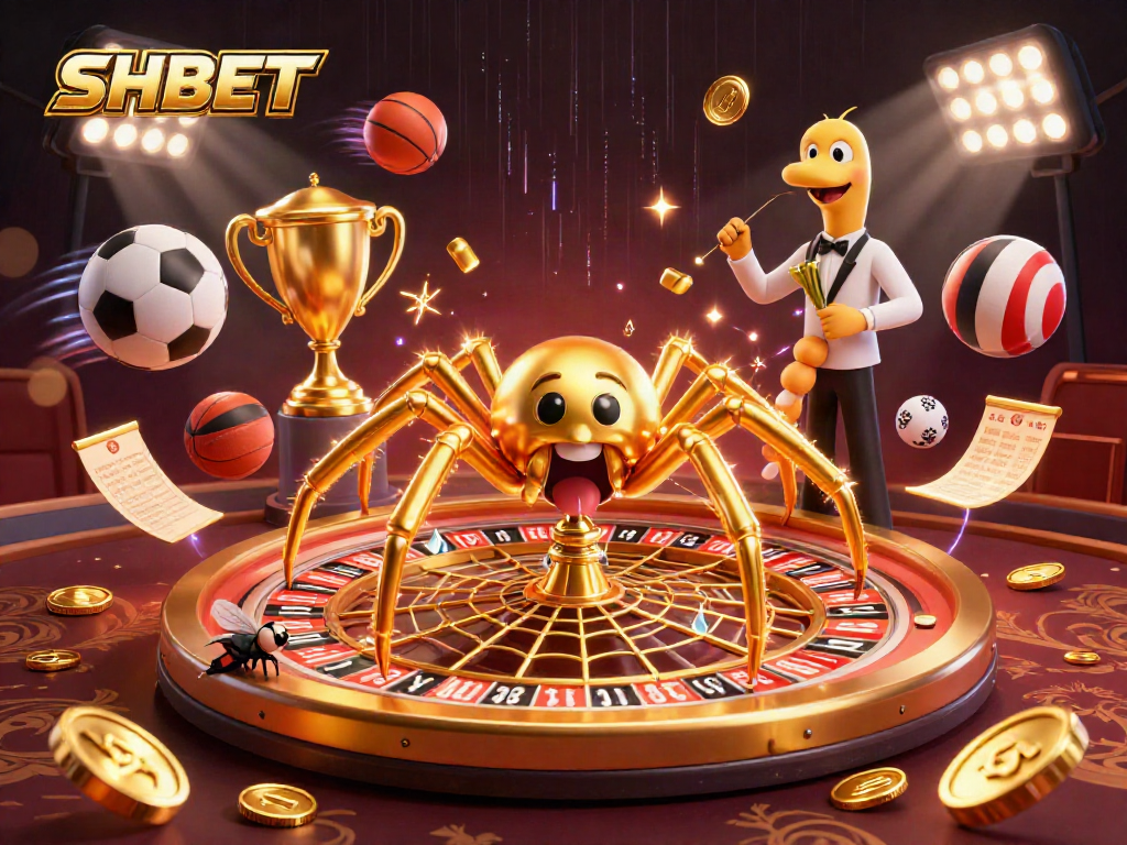 SHBET enthralls players with a golden spider spinning a roulette wheel in this captivating casino illustration.