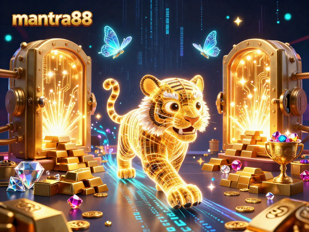Experience thrilling wins with mantra88's vibrant casino-themed 3D illustration filled with treasures.