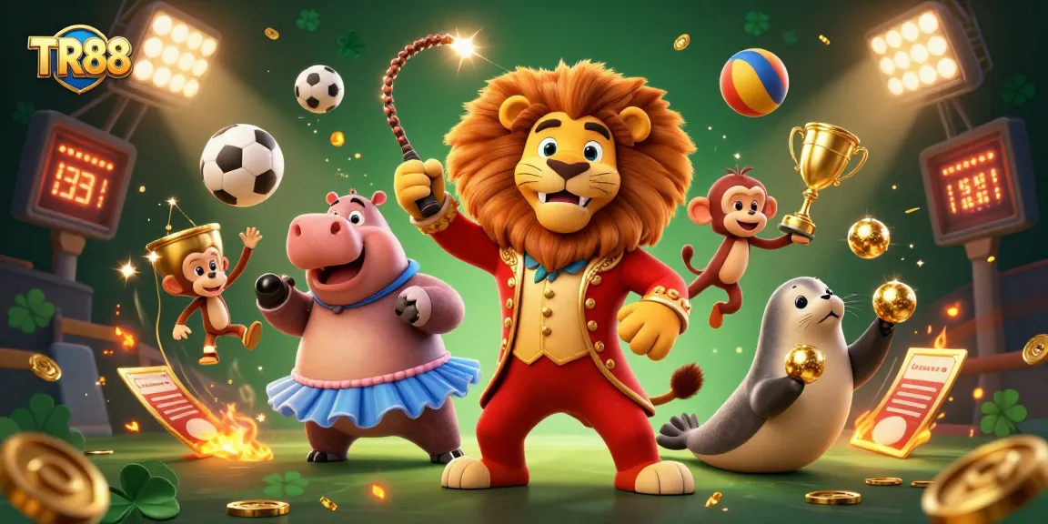 TR88 showcases lively casino fun with a ringmaster lion and energetic circus animals.