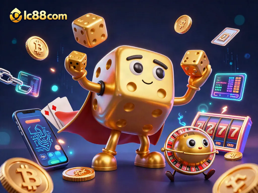 Engage with lc88 com's golden dice golem amidst vibrant slots, crypto coins, and a roulette arena.