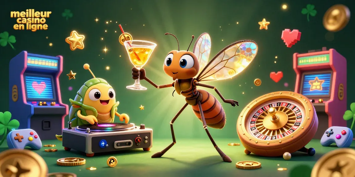 Illustration dynamique de meilleur casino en ligne avec un moustique mascotte et un DJ trilobite.
