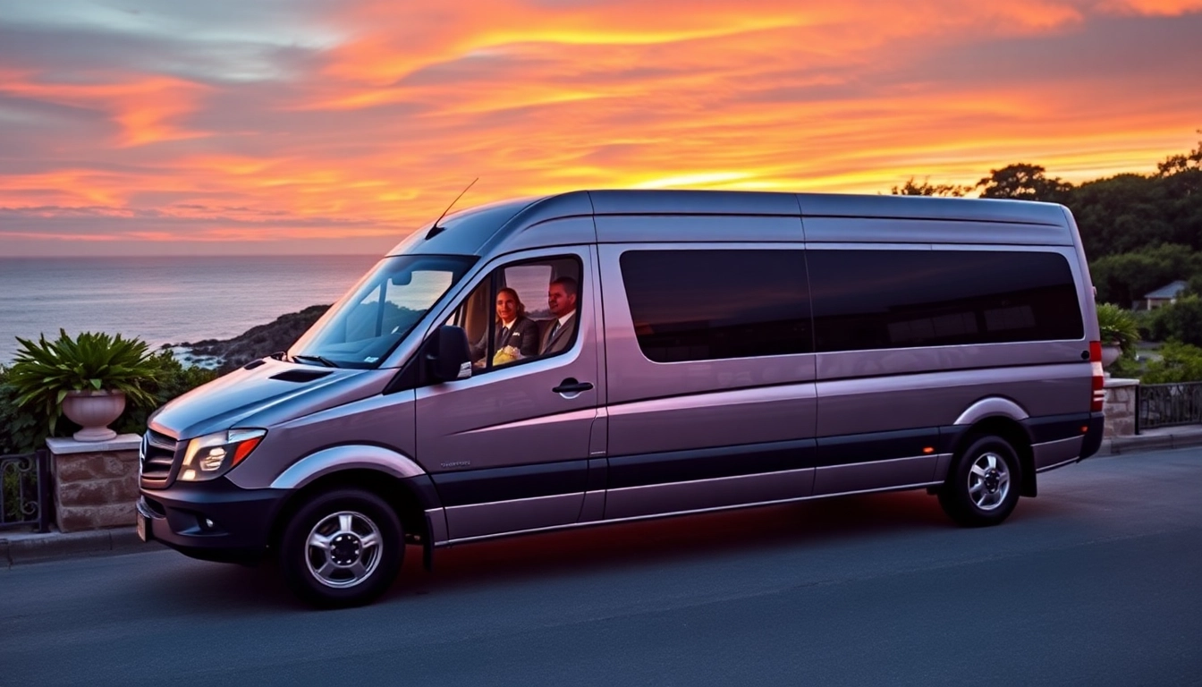 Experience the luxury of a Mercedes Sprinter limo Rhode Island at sunset near the coast.
