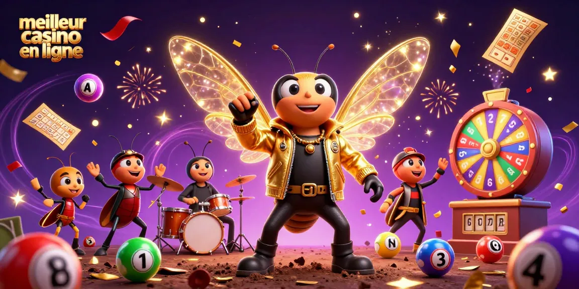 Illustration festive de meilleur casino en ligne avec une cicada rock star et des éléments de loterie.
