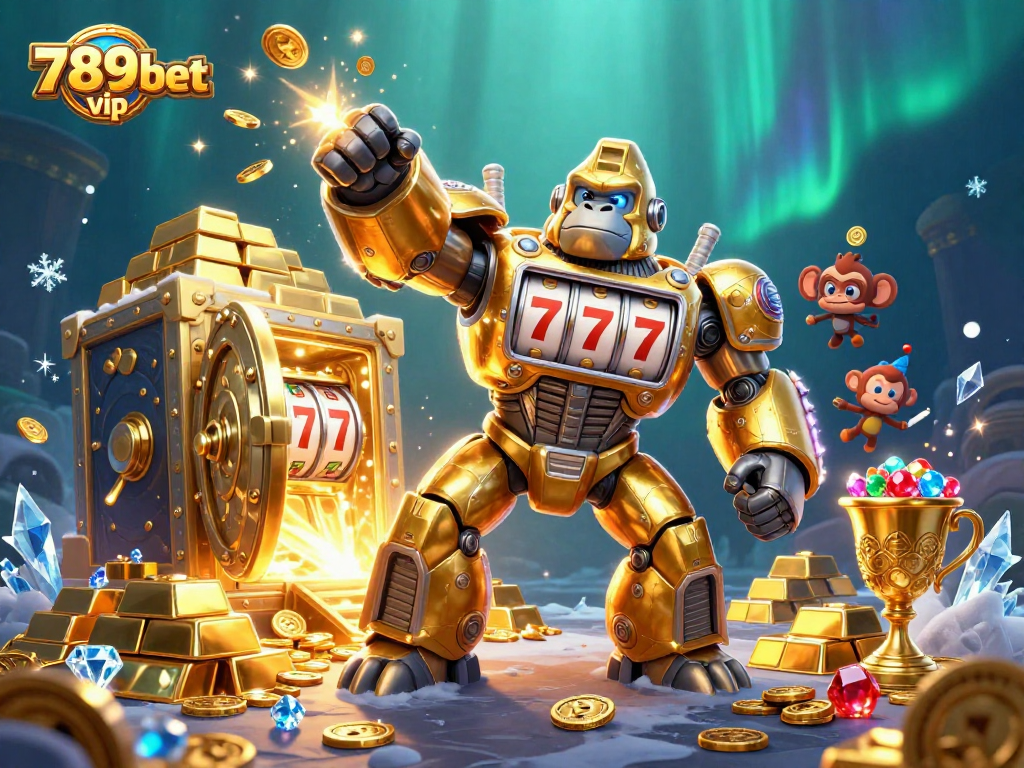 Experience the excitement of 789bet vip with a golden gorilla mech and treasures exploding around!