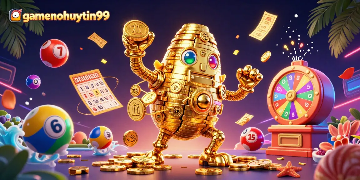 Experience the excitement of gamenohuuytin99 with a vibrant 3D casino illustration featuring dynamic lottery elements.