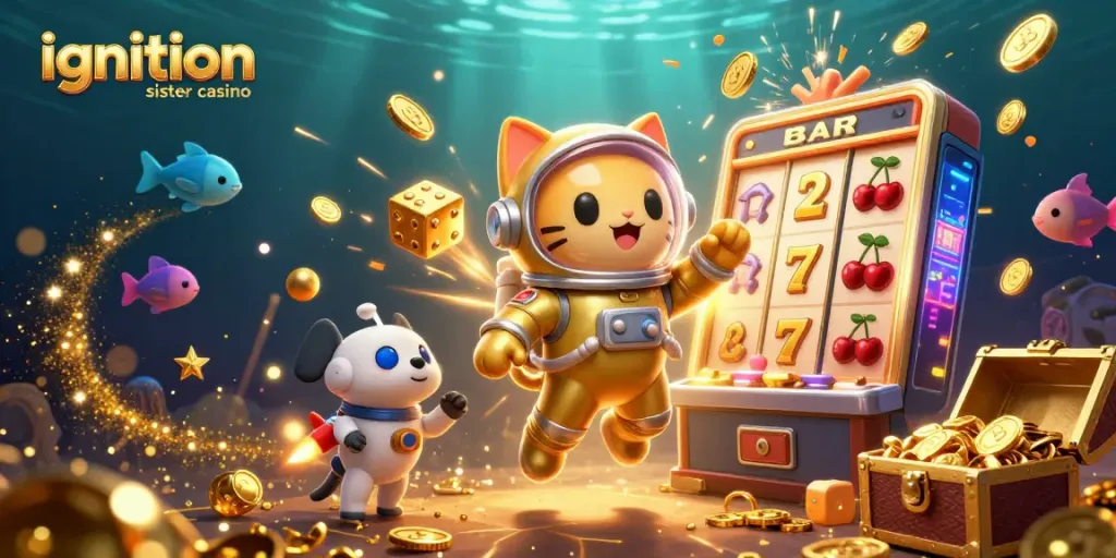 Experience the ignition sister casino action as a 3D astronaut cat and robot dog explore a vibrant casino scene.