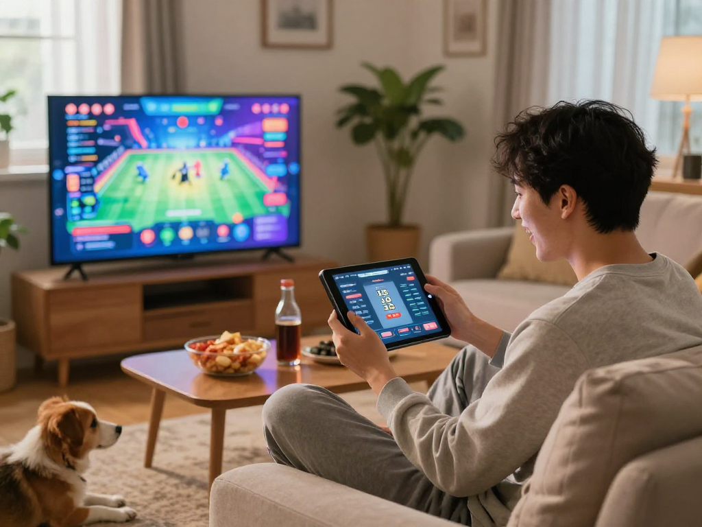 Dewatogel gaming experience in a cozy living room with a player checking numbers on a tablet.