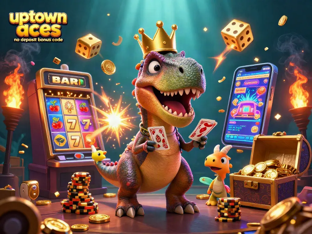 Celebrate wins with uptown aces no deposit bonus code while cartoon dinosaurs play casino games.