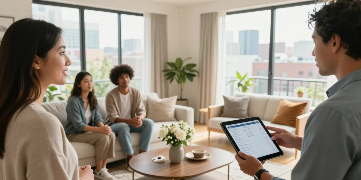 Visita de vivienda en woningunie con compradores interesados en un moderno apartamento.