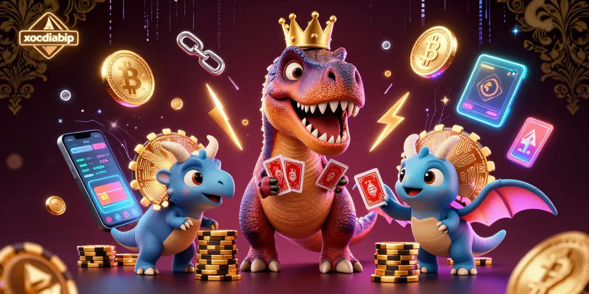 xocdiabip features a playful T-Rex and friends enjoying an exciting crypto gambling scene with vibrant energy.