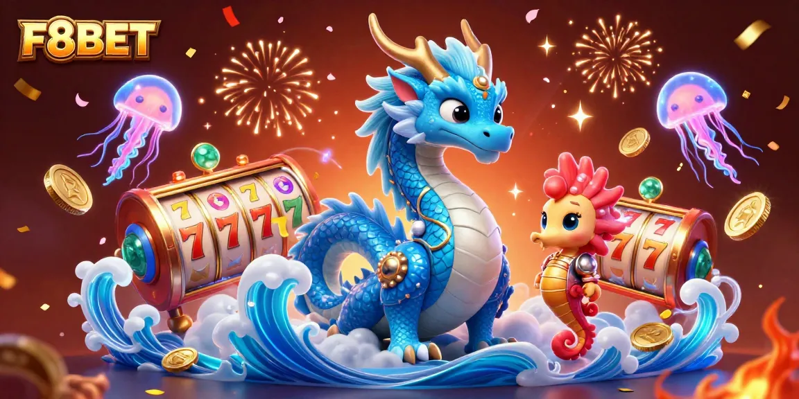 Experience the thrill of F8BET with a vibrant 3D dragon and gaming elements celebrating casino excitement.