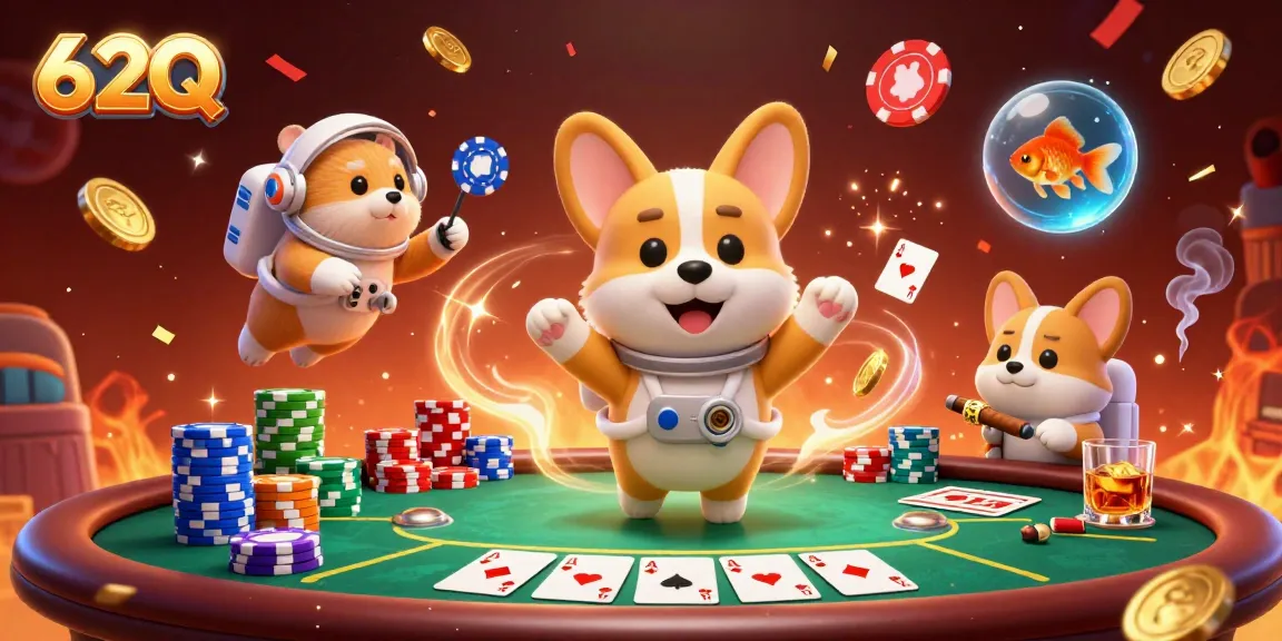 62Q mostra um corgi astronauta jogando poker em um cassino espacial cheio de emoção.