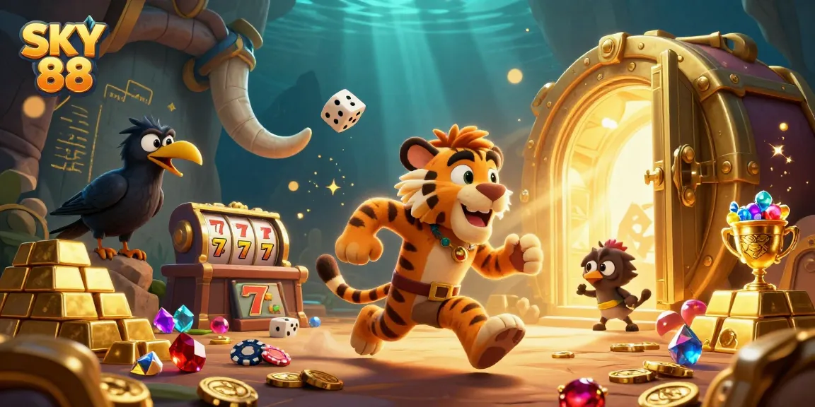 Experience thrilling bets at SKY 88 with prehistoric characters in a vibrant casino scene.
