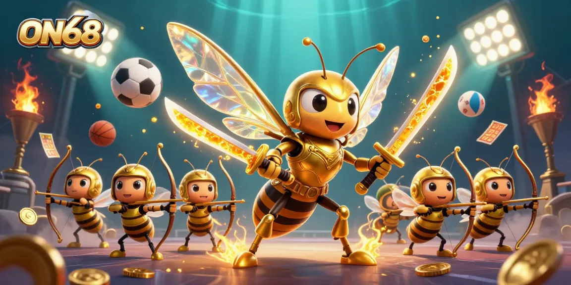 Engage in thrilling sports betting at ON68, captivated by a dynamic casino atmosphere represented by cartoon characters and action-packed game elements.