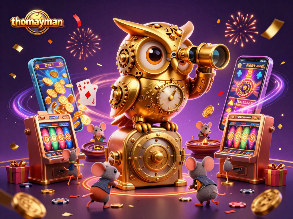 Experience excitement with thomayman as the golden owl surveys a vibrant casino floor
