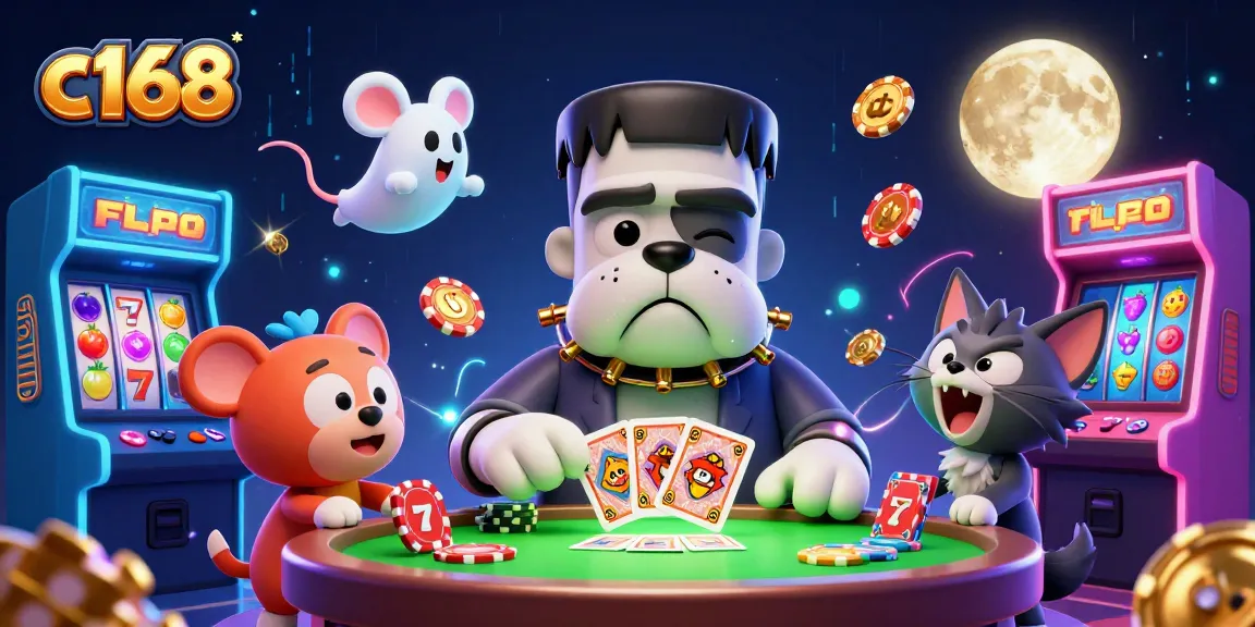 C168 showcases a thrilling casino scene with Frankenstein bulldog dealing cards, invoking excitement in gambling.