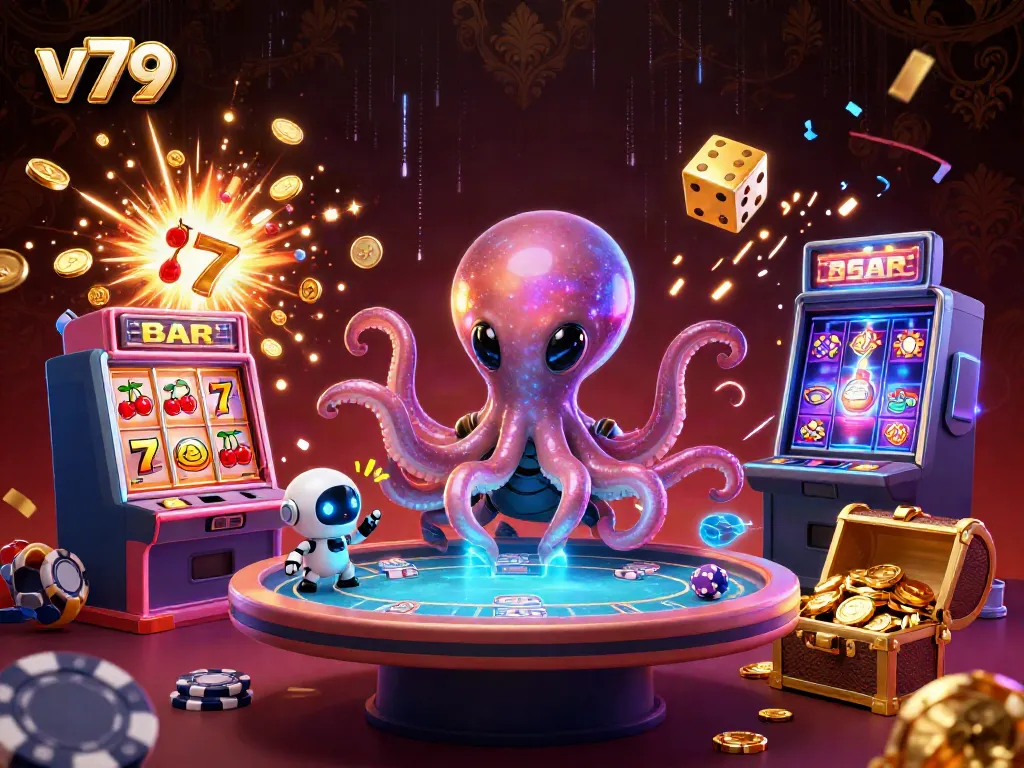 Experience dynamic gambling action with the v79 alien octopus at a holographic poker table, surrounded by casino elements.